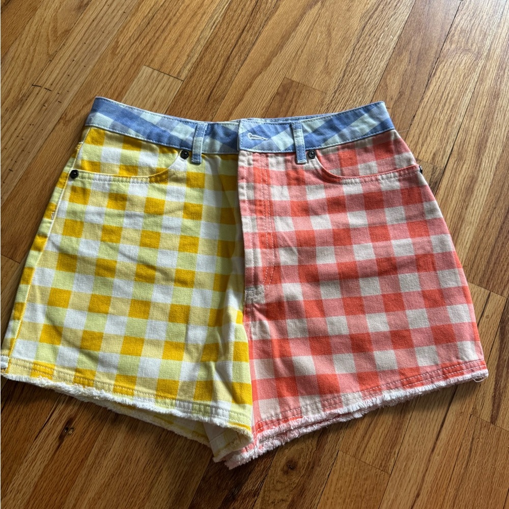 FARM Rio Two-Tone Gingham High-Waist Shorts - Yellow, Coral & Blue Waistband